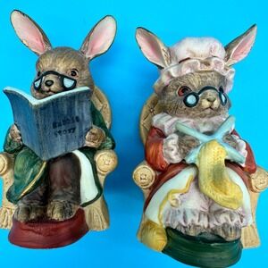 Vintage Brinn's Ceramic Bunny Rabbit Grandparents Figurines Reading‎ Knitting